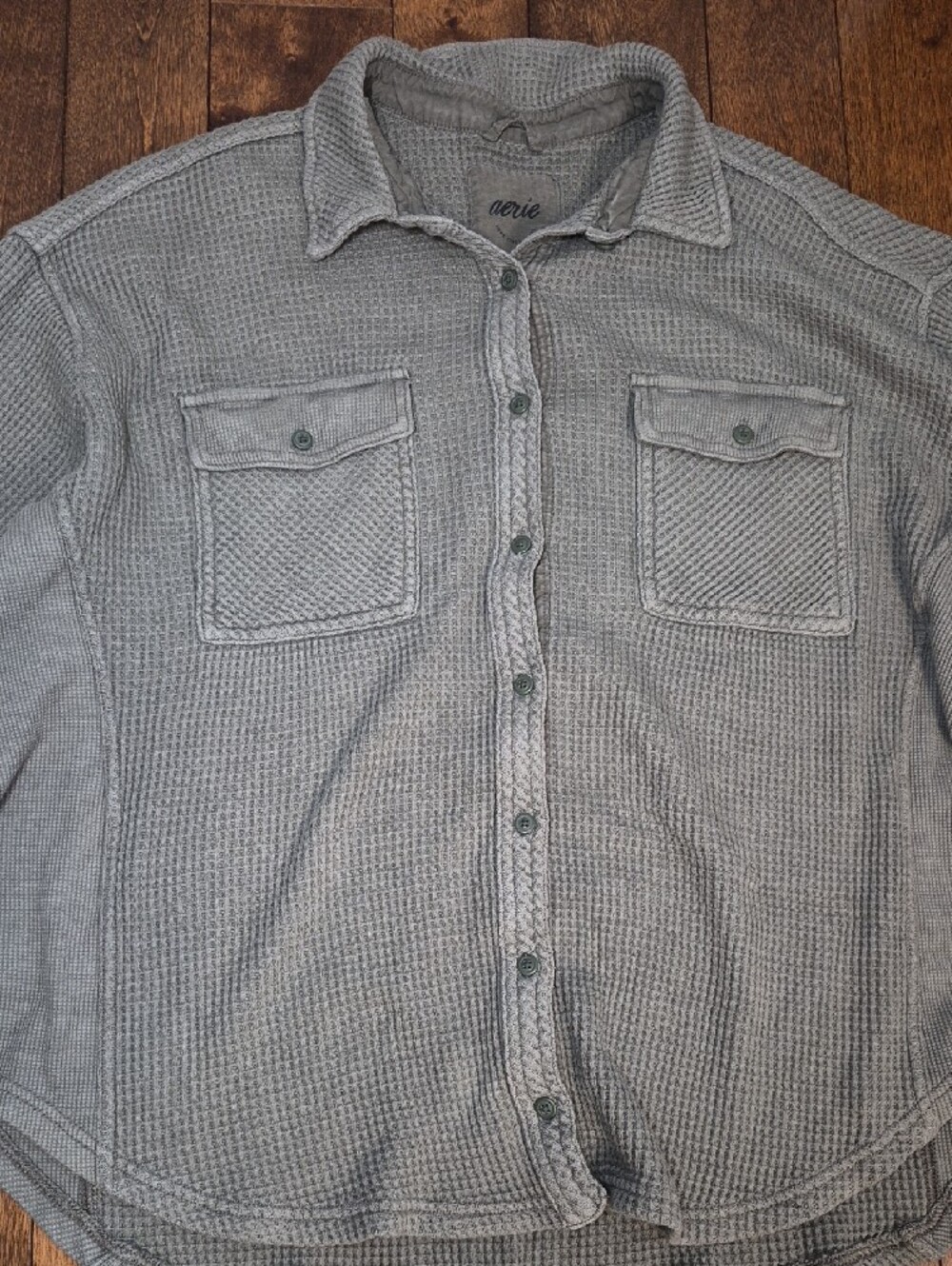 aerie Womens Olive Waffle Knit Button-Down Shirt - Picture 2 of 3